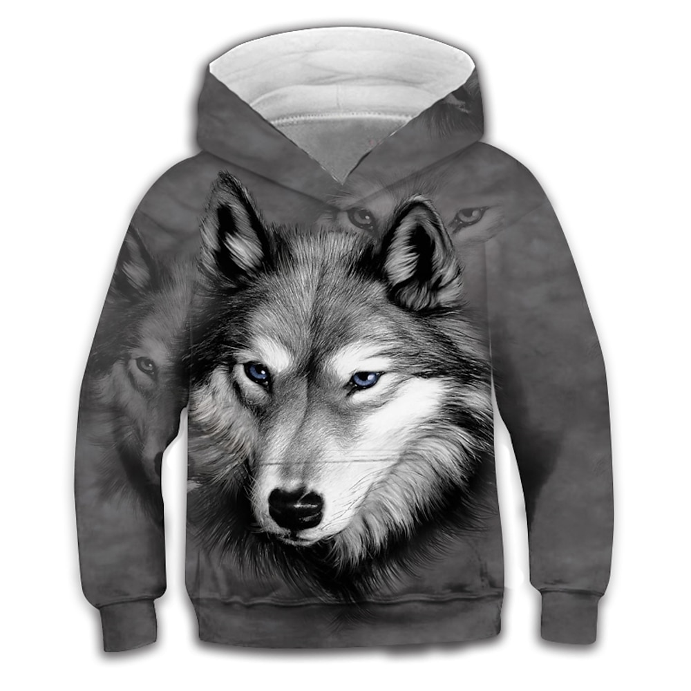 Kinder Jungen Kapuzenshirt Langarm 3D-Druck Wolf Tier Tasche Grau Kinder Oberteile Frühling Aktiv Modisch Täglich Täglich Innen Outdoor Regular Fit 3-12 Jahre Lightinthebox