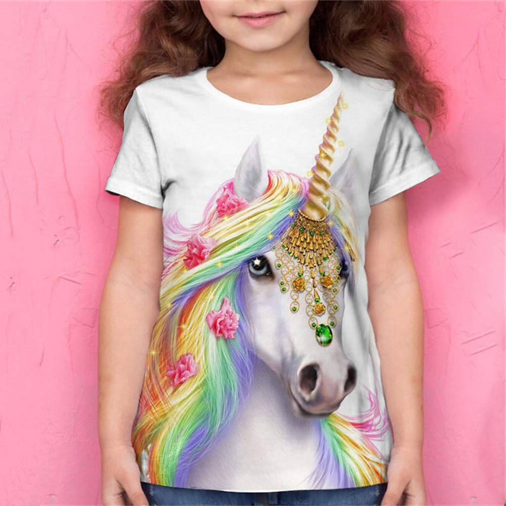 Mädchen 3D Tier Einhorn T-Shirt Kurzarm 3D-Druck Sommer Frühling Aktiv Modisch Kuschelig Polyester kinderkleidung 3-12 Jahre Outdoor Täglich Regular Fit Lightinthebox