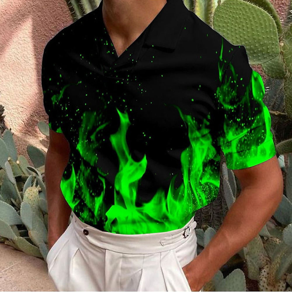 Herren Flamme Poloshirt Golfhemd Kurzarm Hemd Umlegekragen Casual Täglich 3D-Druck Fuchsie Grün Bedruckt Button-Down Bekleidung Modisch Designer Brautkleider schlicht Atmungsaktiv Lightinthebox