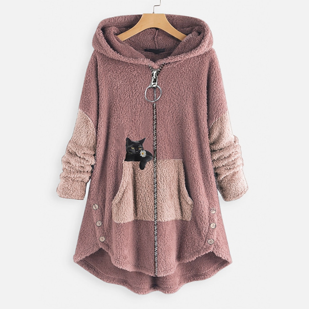 Damen Übergröße Teddy-Mantel Tier Katze Normal Haus Langarm V-Wire Ausschnitt Standard Herbst Winter Grün Rosa Dunkelgray L XL XXL 3XL 4XL / Lockere Passform Lightinthebox