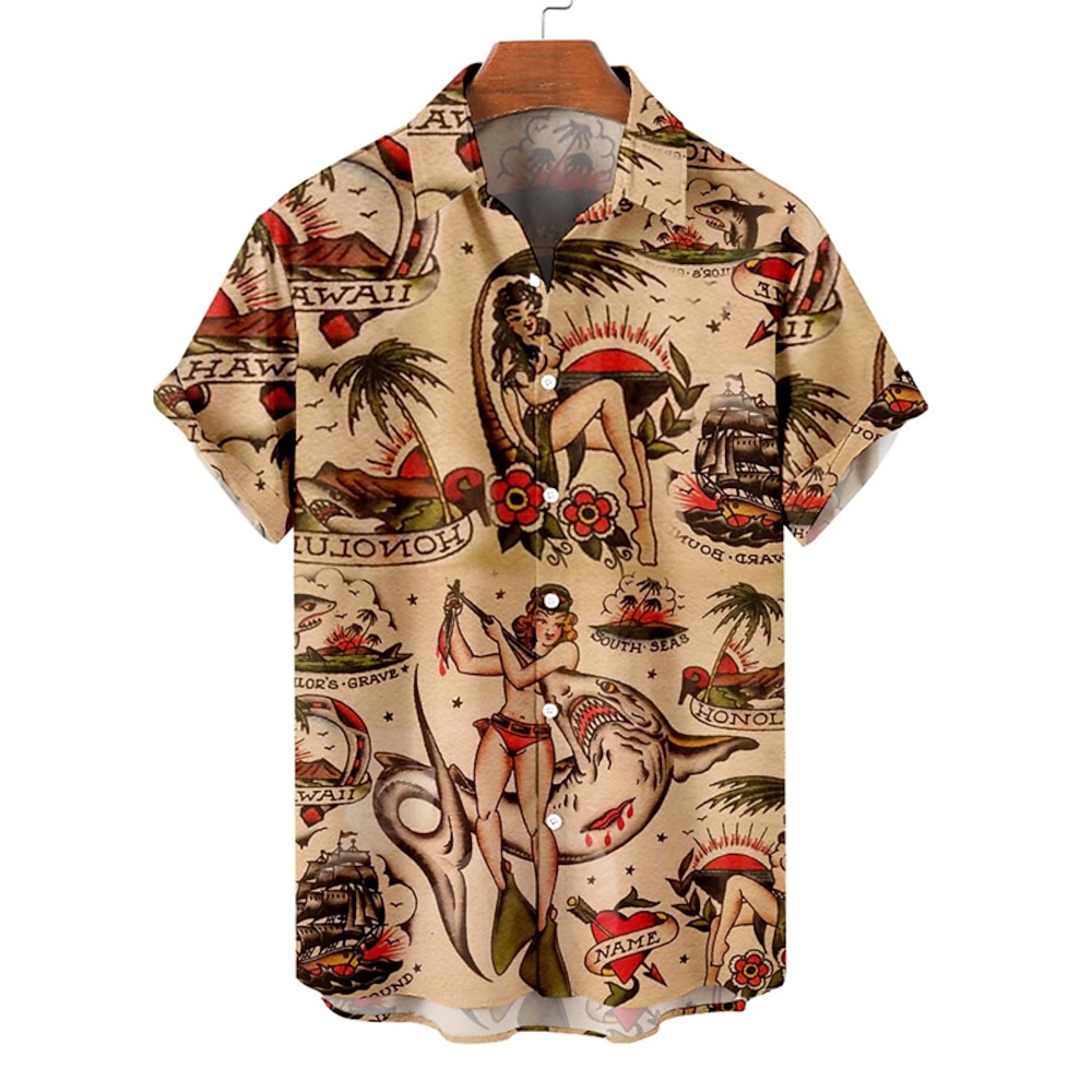 Herren Palmblatt Pin-up-Girl Hemd Hawaiihemd Sommerhemd Grafik-Shirt Kurzarm Hemd Umlegekragen Vintage Modisch Designer Casual Täglich Festtage Gelb Blau Braun Print S M L Lightinthebox