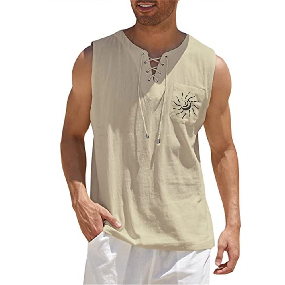 Herren Hemd leinenhemd Hemd aus Baumwollleinen Sommerhemd Strandhemd Schwarz Grün Khaki Leicht Blau Ärmellos Graphic V Ausschnitt Sommer Frühling Outdoor Strasse Bekleidung mit Schnürung Lightinthebox