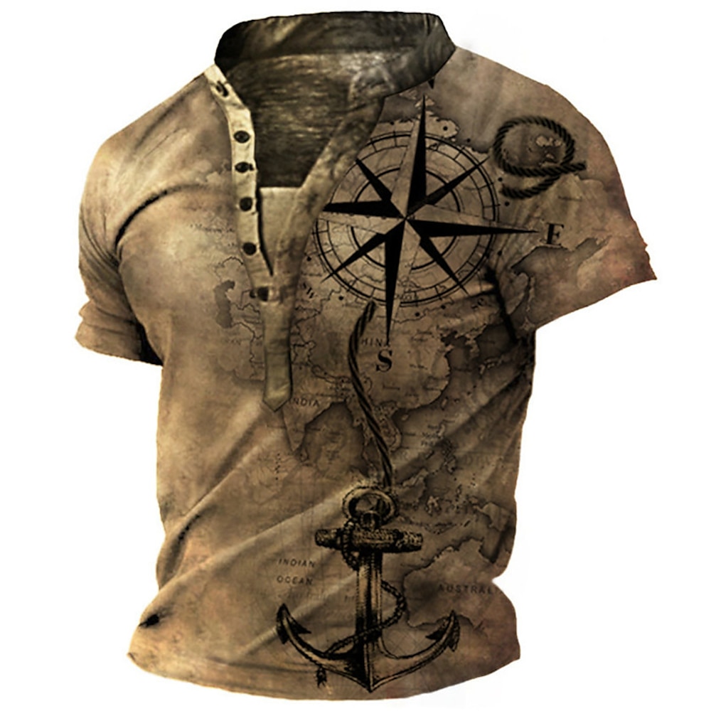 Herren T Shirt Henley Shirt Tee Graphic Anker Kompass Ständer Rosa Blau Grün Khaki 3D-Druck Übergröße Outdoor Täglich Kurzarm Button-Down Bedruckt Bekleidung Designer Stilvoll Vintage Basic Lightinthebox