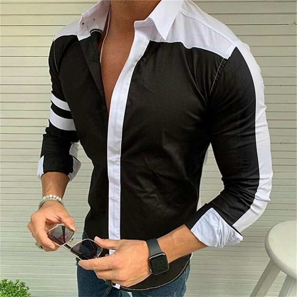 Herren Hemd Sommerhemd Knopfhemd Schwarz / Weiß Marineblau Grau Langarm Farbblock Umlegekragen Outdoor Strasse Button-Down Bekleidung Modisch Brautkleider schlicht Atmungsaktiv Komfortabel Lightinthebox