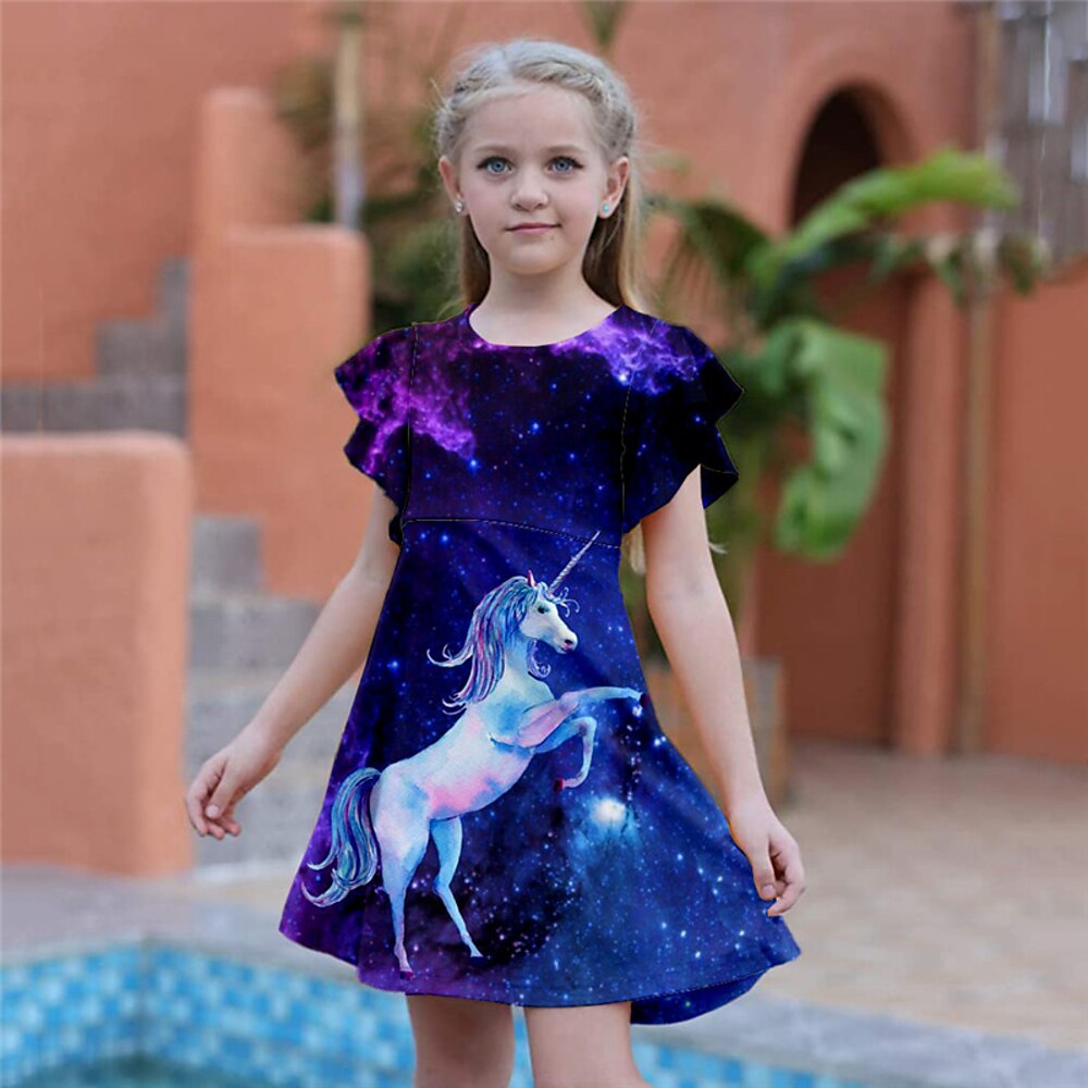 Mädchen' 3D Tier Einhorn Kleid Kurzarm 3D-Druck Sommer Frühling Urlaub Täglich Festtage Kuschelig Brautkleider schlicht Süß kinderkleidung 3-12 Jahre A Linie Kleid Übers Knie Regular Fit Lightinthebox