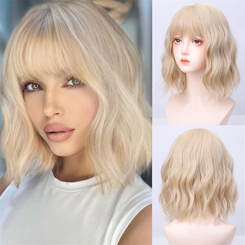 blonde bob perücke kurze blonde bob perücke für frauen lockiges haar perücke mit pony Lightinthebox