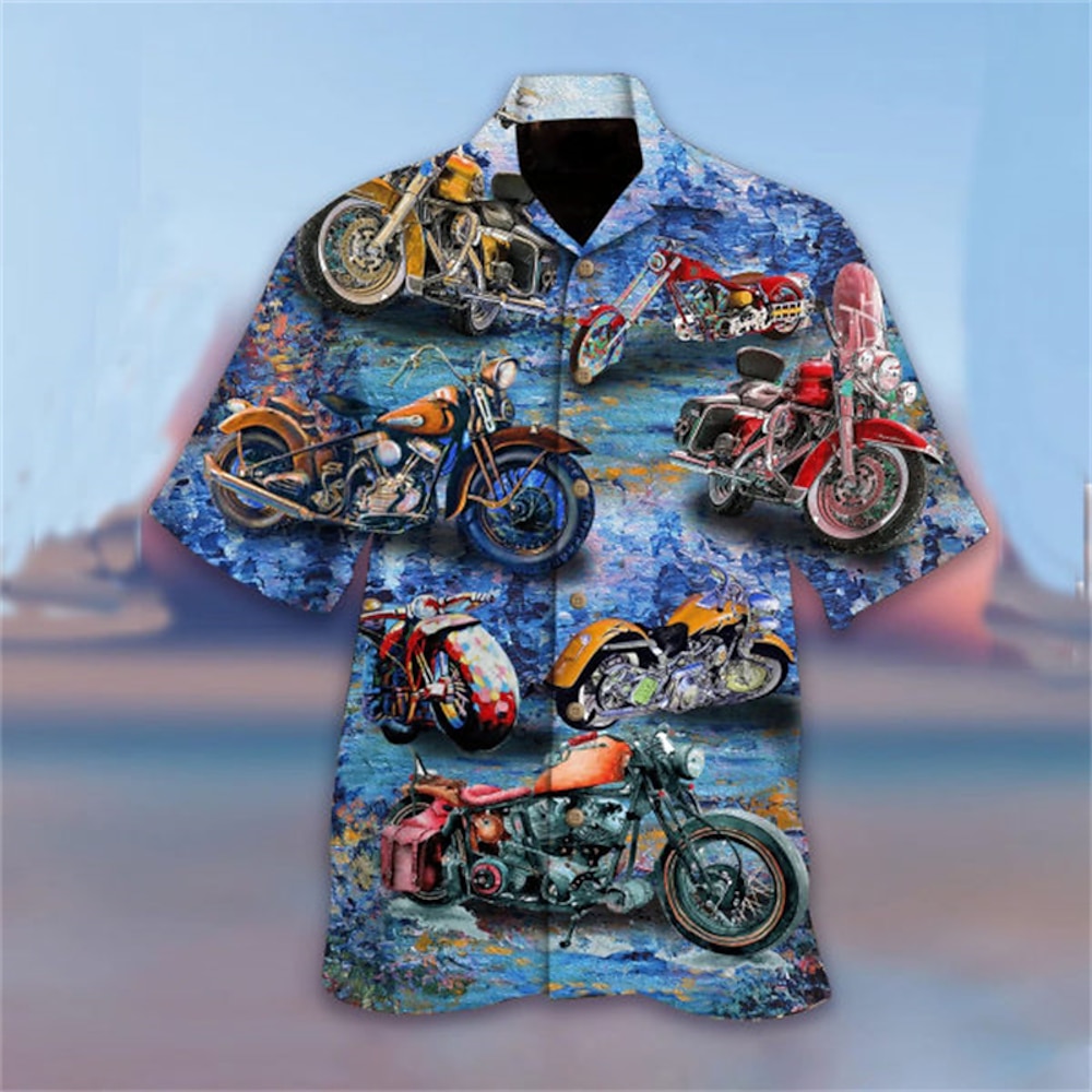 Herren Motorräder Hemd Hawaiihemd Sommerhemd Camp-Shirt Kurzarm Hemd Umlegekragen Hawaiianisch Designer Brautkleider schlicht Outdoor Strasse Casual Rote Marineblau Blau 3D-Druck S M L Lightinthebox