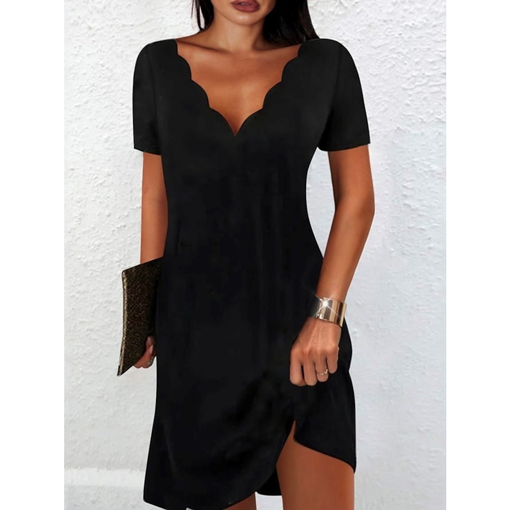 Damen Polyester schwarzes kleid Casual kleid Etuikleid Glatt Einfarbig Rüsche Gezackter Hals Minikleid Stilvoll Basic Täglich Verabredung Kurzarm Sommer Frühling Lightinthebox