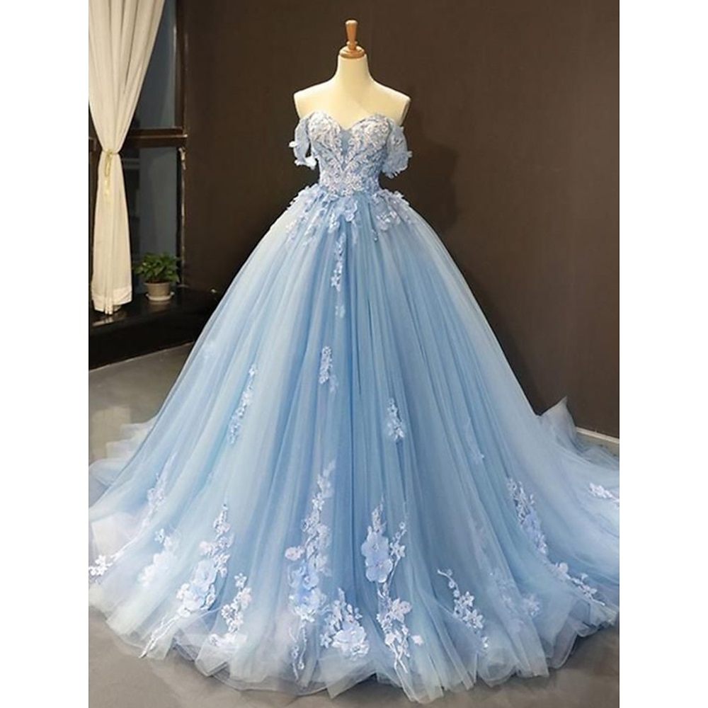 TS Ballkleid Ballkleider Blumenkleid Hochzeit Quinceanera Hofschleppe Kurzarm Herzausschnitt Spitze mit Falten Applikationen 2025 Lightinthebox