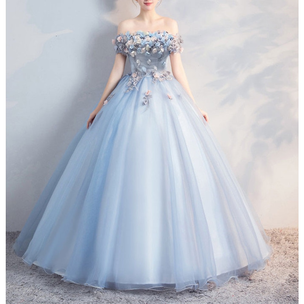 Ballkleid, Ballkleider, Blumenkleid, Quinceanera-Abschlussball, bodenlang, kurzärmlig, schulterfrei, Polyester mit Applikationen, einfarbiges Kleid zum Beeindrucken, 2024 Lightinthebox