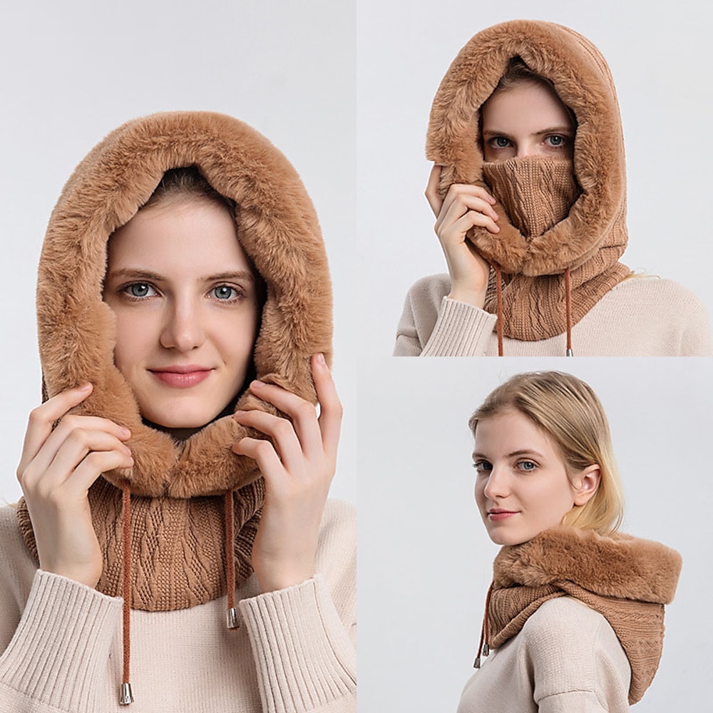 Hochwertiges Winterpelzmützen-Maskenset mit Kapuze für Frauen, gestrickter Kaschmirhals, warmer Outdoor-Ski, winddichte Mütze, dicke, flauschige Mützen Lightinthebox