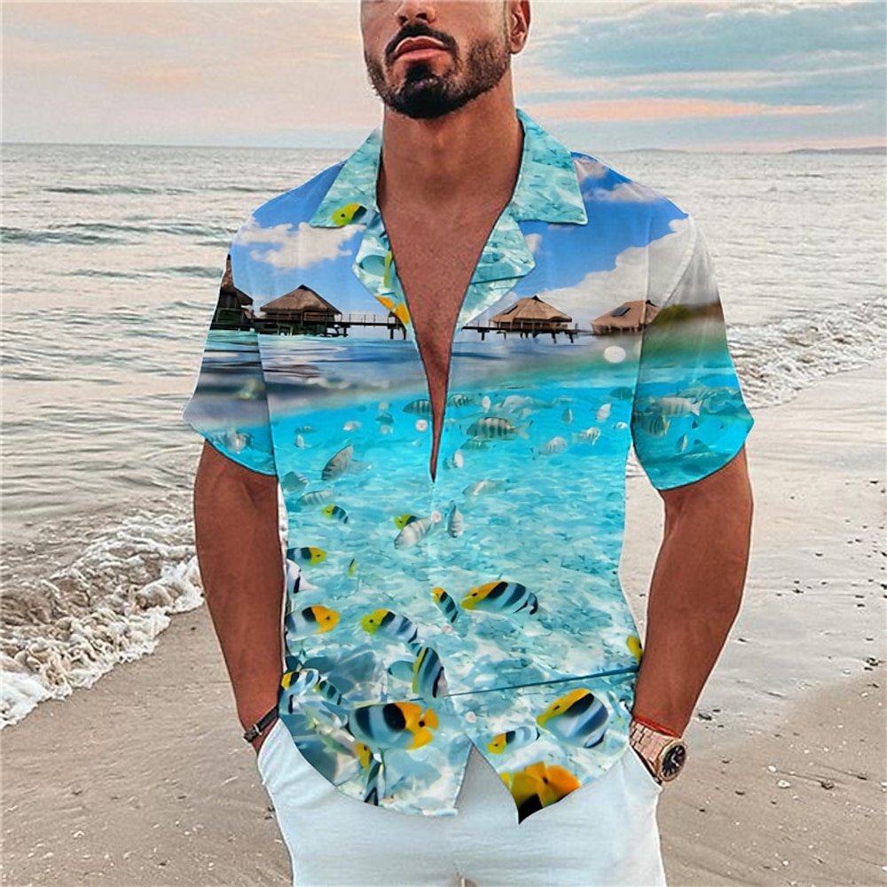 Herren Landschaft Fische Meer Hemd Hawaiihemd Sommerhemd Camp-Shirt Kurzarm Hemd Umlegekragen Modisch Hawaiianisch Designer Outdoor Strasse Casual Schwarz Marineblau Königsblau 3D-Druck S M L Lightinthebox