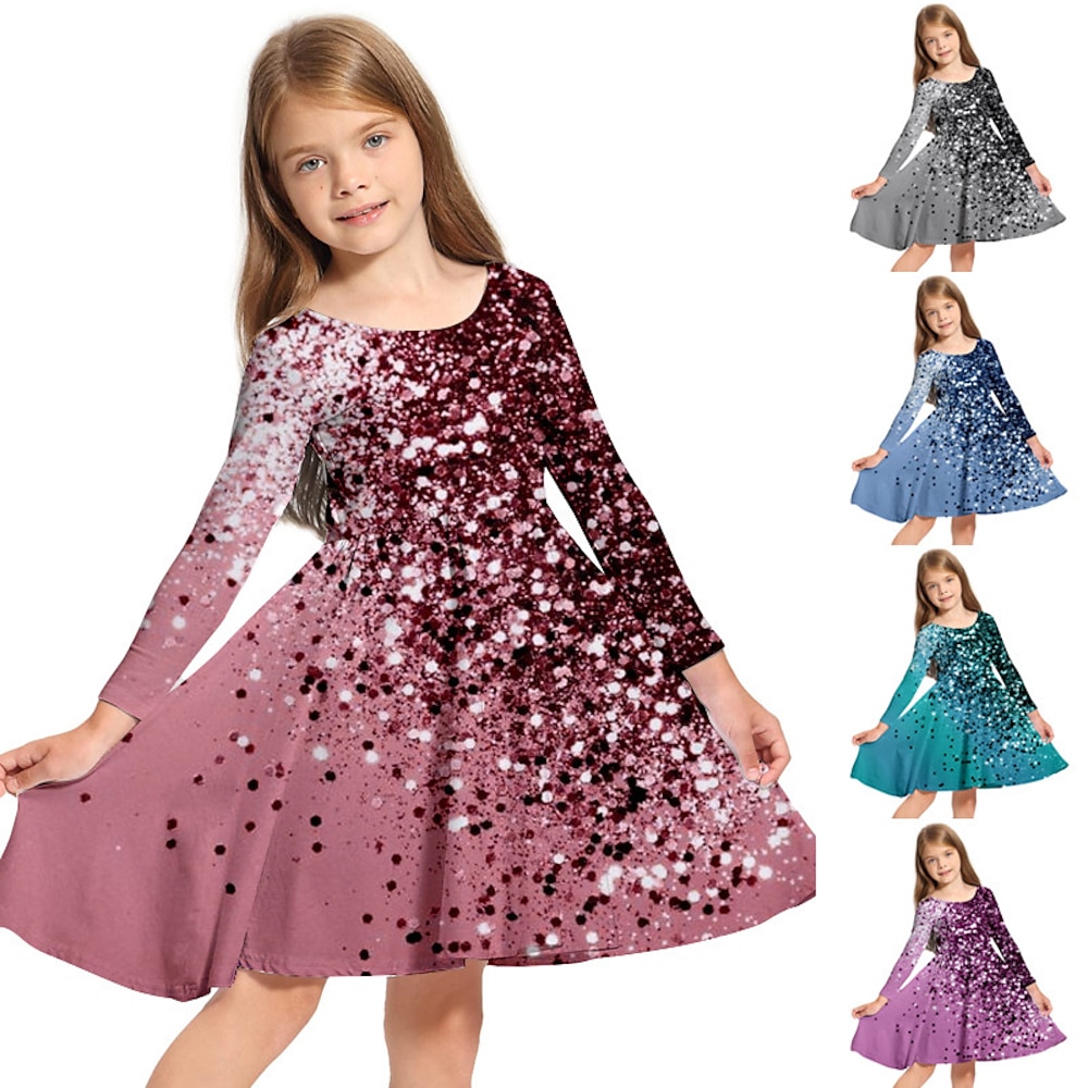 Kinder Mädchen Kleid mit Pailletten Farbverlauf Täglich Urlaub Urlaub Aufdruck über dem Knie Langarm Lässig Niedlich Süß Kleider Herbst Frühling Normale Passform 3-10 Jahre Lightinthebox