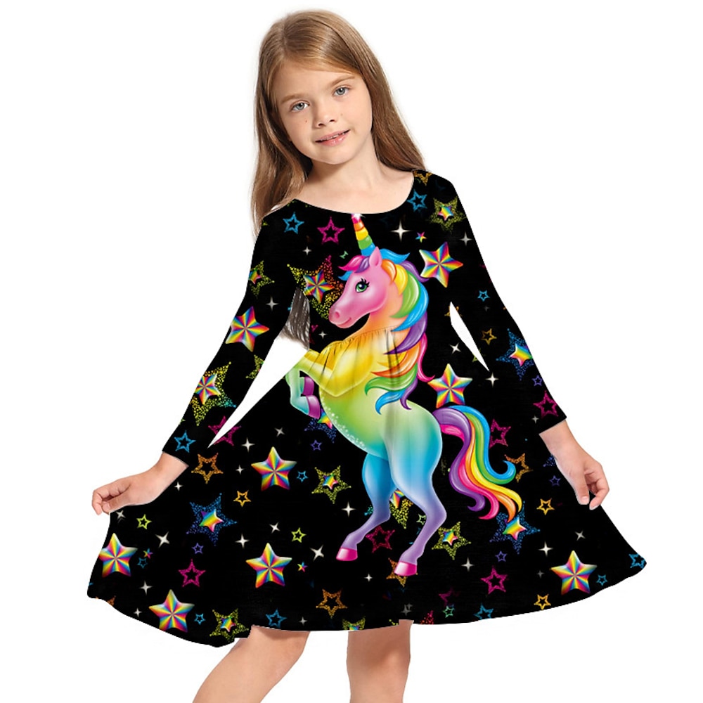 Kinder Wenig Mädchen Kleid Einhorn Tier A Linie Kleid Täglich Festtage Urlaub Bedruckt Schwarz Übers Knie Langarm Casual nette Art Süß Kleider Herbst Frühling Regular Fit 3-10 Jahre Lightinthebox