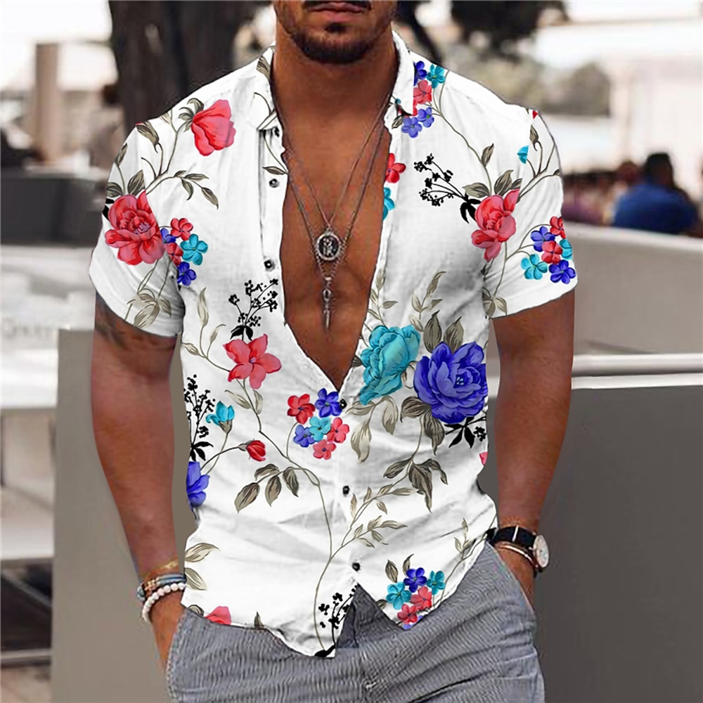 Herren Blumen Hemd Grafik-Shirt Aloha-Shirt Kurzarm Hemd Umlegekragen Outdoor Strasse Print Weiß Bedruckt Button-Down Bekleidung Modisch Designer Brautkleider schlicht Atmungsaktiv Lightinthebox