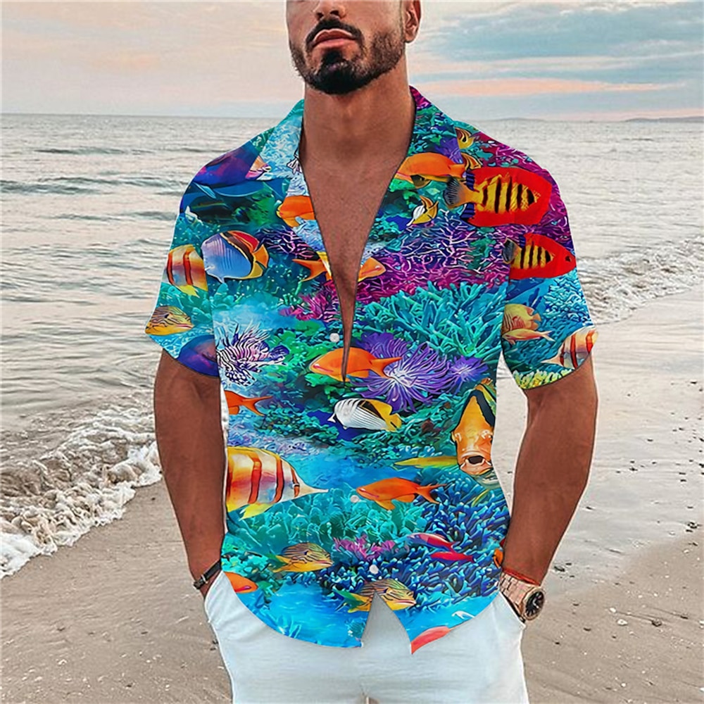 Herren Fische Unterwasserwelt Hemd Hawaiihemd Sommerhemd Camp-Shirt Kurzarm Hemd Umlegekragen Modisch Designer Brautkleider schlicht Outdoor Strasse Casual Meeresblau Schwarz Marineblau 3D-Druck S M L Lightinthebox