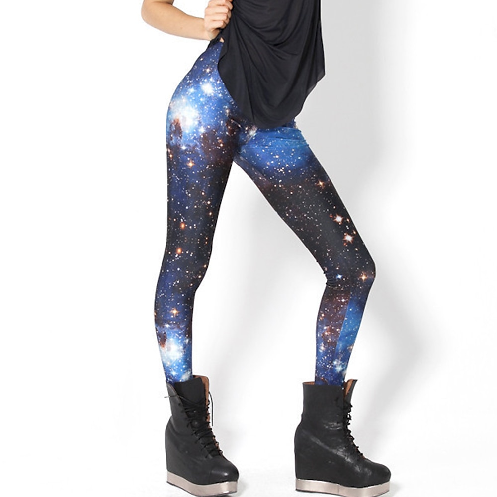 Damen Strumpfhosen Leggins Schwarz / Weiß Grün Blau Mittlere Taillenlinie Casual / sportlich Athleisure Wochenende Yoga Bedruckt elastisch Knöchellänge Komfort Galaxis Einheitsgröße / Dünn Lightinthebox