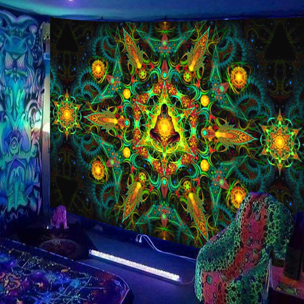 Schwarzlicht Wandteppich UV reaktiv im Dunkeln leuchtend Party Neon psychedelisch trippig nebliger Wandteppich Eule Wandbild für Wohnzimmer Schlafzimmer Lightinthebox