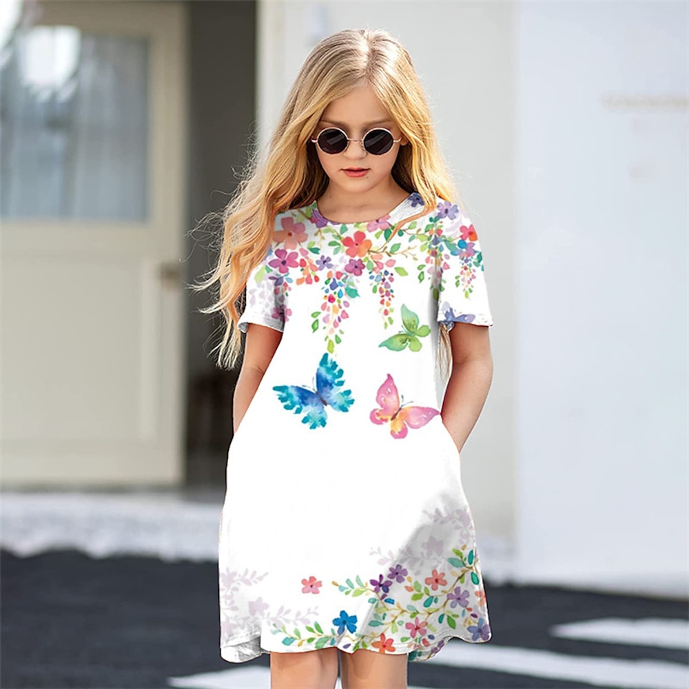 Kinder Wenig Mädchen Kleid Blumen Schmetterling Tier A Linie Kleid Täglich Festtage Urlaub Bedruckt Weiß Übers Knie Kurzarm Alltag nette Art Süß Kleider Frühling Sommer Regular Fit 3-12 Jahre Lightinthebox