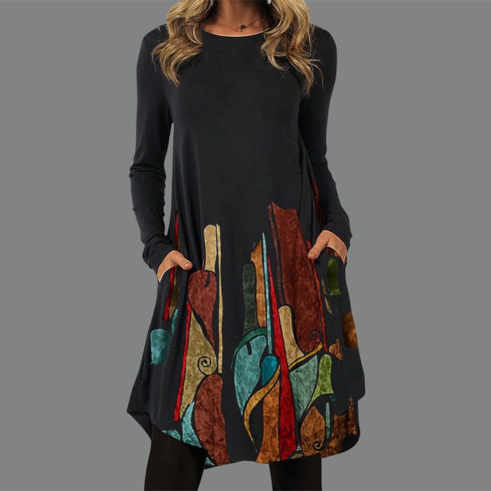 Damen Midi Kleid Freizeitkleid T-Shirt Kleid Tee Kleid Floral Geometrisch Taschenprint Rundhalsausschnitt Mini Kleid Basic Alltag Urlaub Langarm Frühling Herbst Lightinthebox