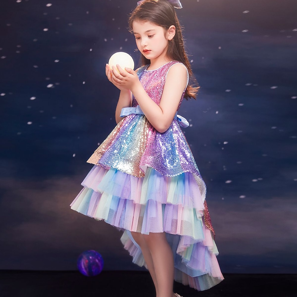 kinderkleidung Wenig Mädchen Kleid Pailletten Farbe Tüll-Kleid Party Geburtstag Patchwork Schleife Mehrfarbig Purpur Rosa Midi Ärmellos Prinzessin Süß Kleider Frühling Sommer Schlank 4-12 Jahre Lightinthebox