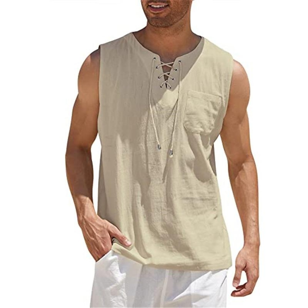 Herren leinenhemd Hemd aus Baumwollleinen Sommerhemd Strandhemd Tank Top Weiß Dunkelgrün Kamel Kaki Feste Farbe ohne Kragen Casual Täglich Bekleidung Lightinthebox