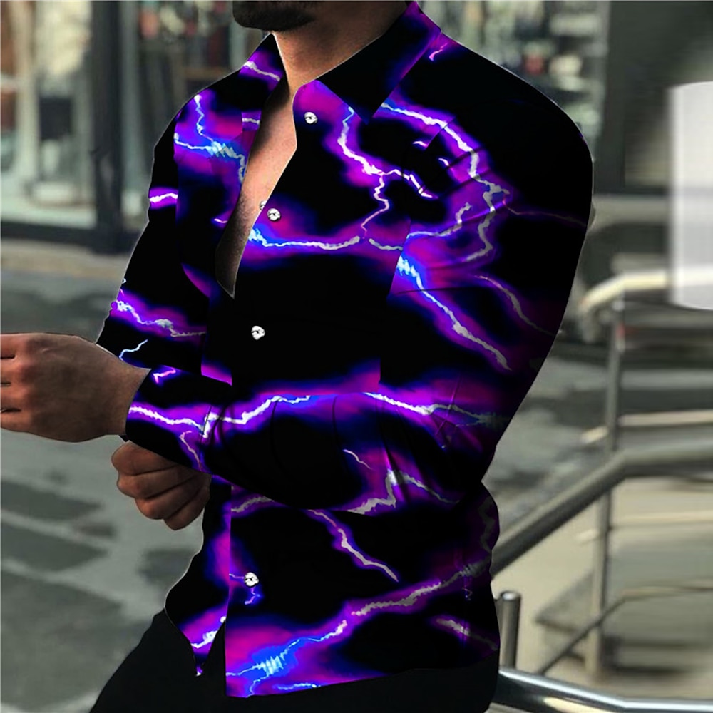 Herren Blitz Hemd Grafik-Shirt Langarm Modisch Designer Brautkleider schlicht Outdoor Festtage Sommer Frühling Umlegekragen Bedruckt Button-Down Hellgelb Schwarz Weiß Gelb Rote Lightinthebox