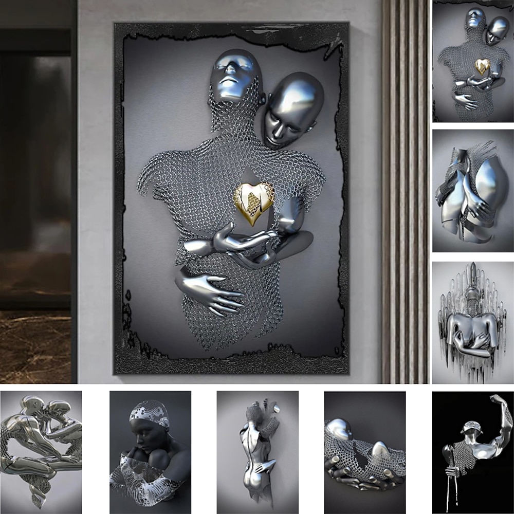 3D-Wandkunst Liebe Herz Drucke/Poster Metallskulptur Paar Umarmung modernes Bild Heimdekoration Wandbehang Geschenk gerollte Leinwand ungerahmt ungedehnt Lightinthebox