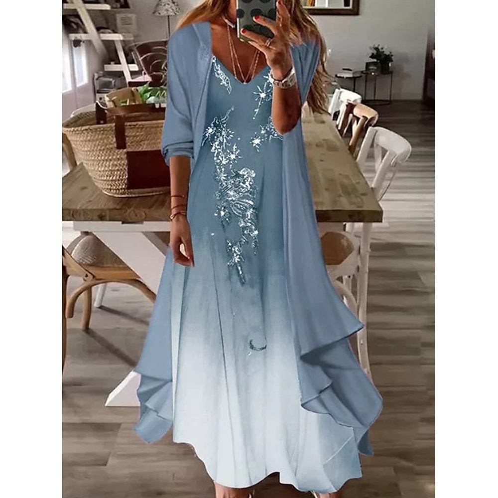 damen casual kleid kleid set zweiteiliges kleid langes kleid maxikleid blau halbarm druck gerüscht sommer frühling herbst v-ausschnitt basic daily date 2023 s m l xl xxl 3xl Lightinthebox