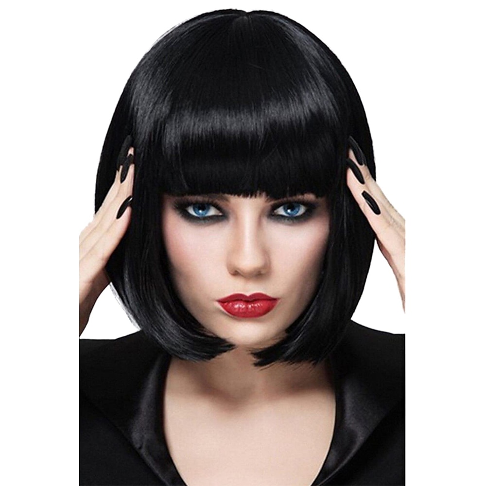 Schwarze Bob-Perücken für Frauen, 12 Zoll kurze schwarze Haarperücke mit Pony, synthetische Mia Wallace-Cosplay-Perücke, süße farbige Perücken für die tägliche Party-Karnevalsperücke Lightinthebox