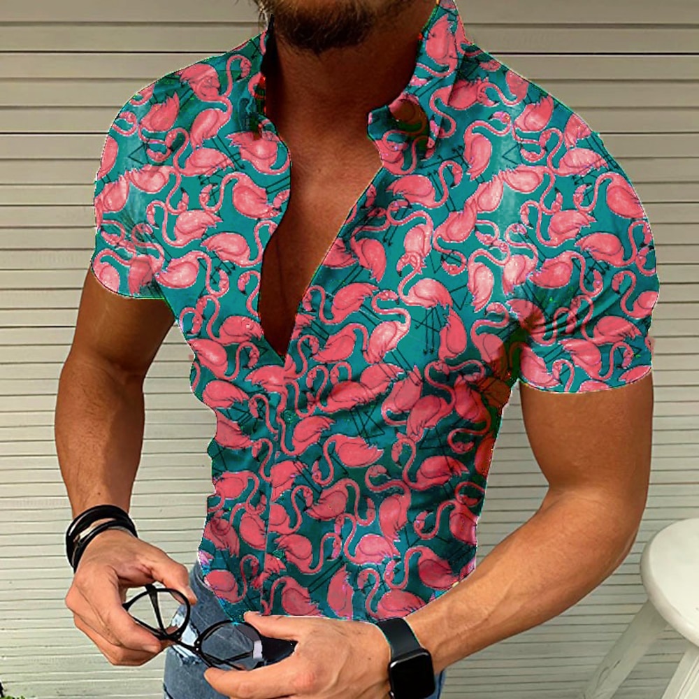 Herren Flamingo Tropisch Hemd Hawaiihemd Sommerhemd Aloha-Shirt Kurzarm Hemd Umlegekragen Übertrieben Designer Brautkleider schlicht Outdoor Casual Täglich Marineblau Blau Dunkelgrün 3D-Druck M L XL Lightinthebox