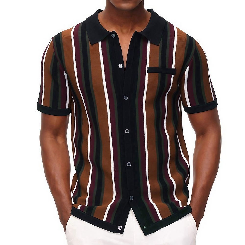 Herren Polo Pullover Poloshirt Casual Täglich Umlegekragen Knopf Kurzarm Modisch Klumpig Gestreift Knopf vorne Sommer Frühling Herbst Regular Fit Wein Blau Grün Polo Pullover Lightinthebox