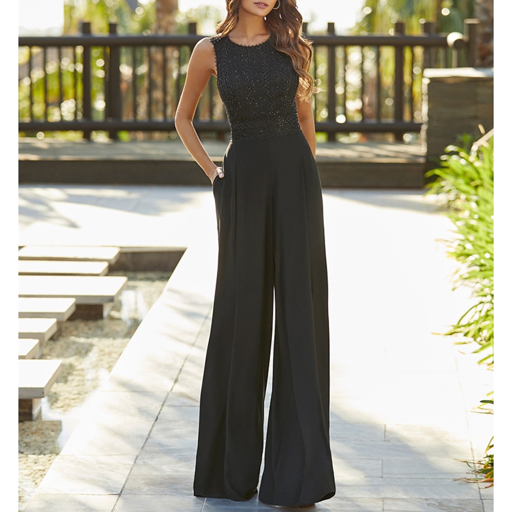 TS-Overalls, Abendkleid, elegantes Kleid, Abschlussball, Geburtstag, bodenlang, ärmellos, Rundhalsausschnitt, Herbst, Hochzeitsgast, Stretch-Chiffon mit überkreuzten Ärmeln, reine Farbe, 2025, Lightinthebox