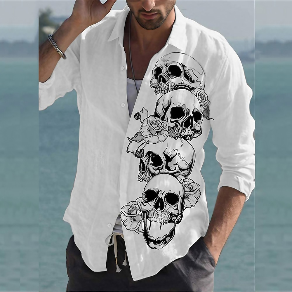 Herren Totenkopf Motiv Hemd Grafik-Shirt Langarm Modisch Designer Brautkleider schlicht Outdoor Casual Täglich Frühling Herbst Umlegekragen Bedruckt Button-Down Weiß Lightinthebox