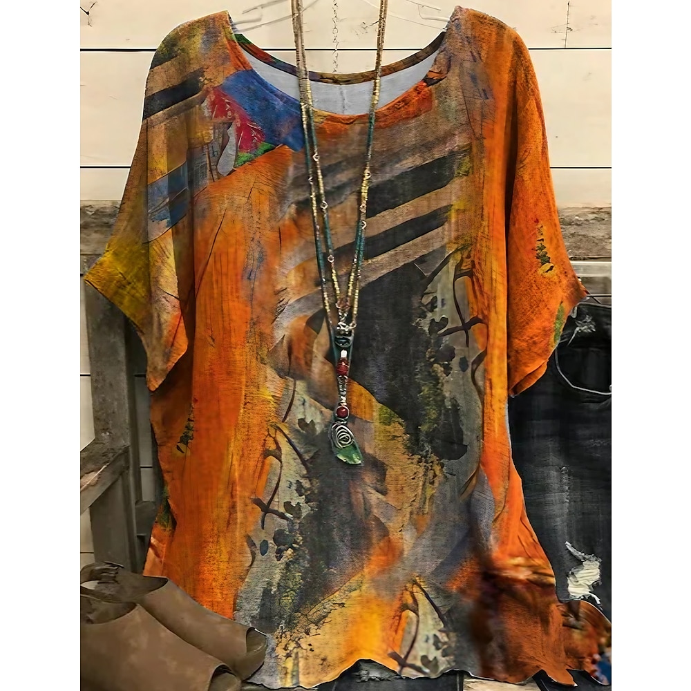 Damen T-Shirt in Übergröße, Chiffon, Vintage, lässig, mit Aufdruck, Fledermausärmel, kurzärmlig, Rundhalsausschnitt, Urlaub, Alltag, dunkelgelb, Sommer, Frühling Lightinthebox