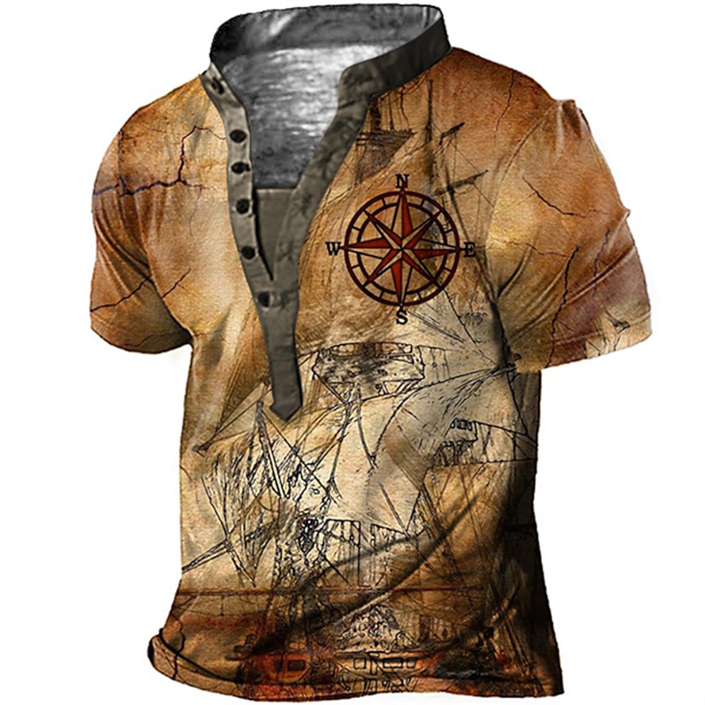 Herren Graphic T Shirt Henley Shirt Tee Kurzarm Hemd Ständer Sailboat Outdoor Täglich 3D-Druck Gelb Blau / Weiß Braun Kaffee Blau Blau Übergröße Bedruckt Button-Down Bekleidung Designer Basic Lightinthebox