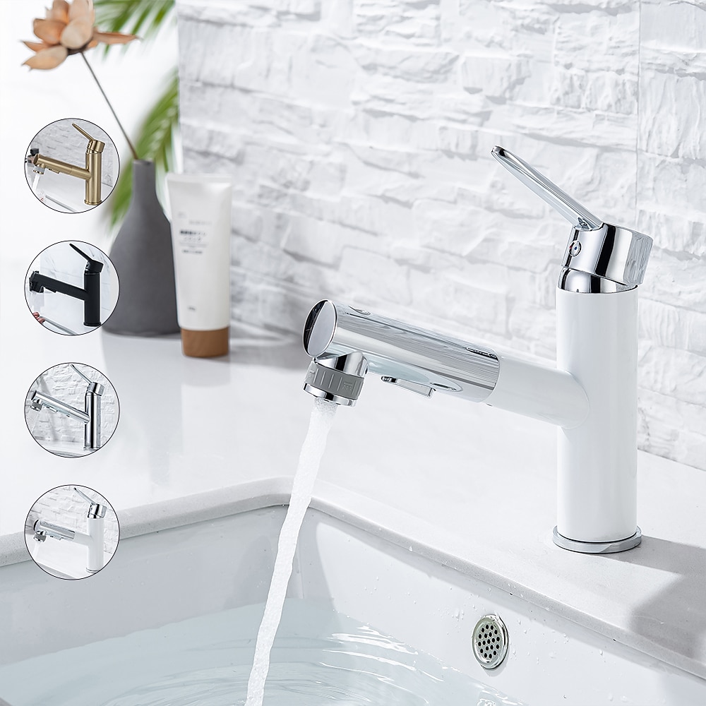 Badezimmer-Waschbecken-Mischbatterie, herausziehbare Brause, 2-Modus-Auslauf mit Stopp-Taste, Einhand-Waschtischarmaturen Mono mit Kalt- und Warmschlauch, Chrom, Schwarz, Gold Lightinthebox