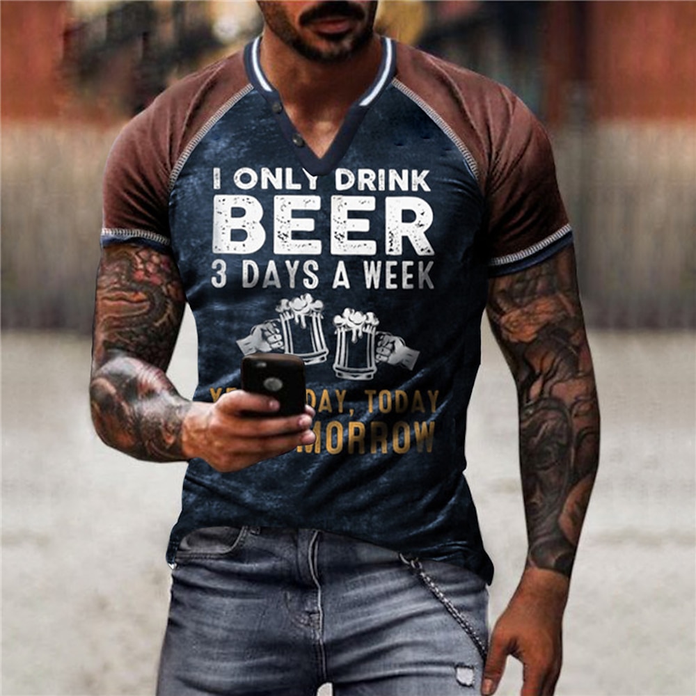 Herren Farbblock Buchstabe Grafik-Drucke T Shirt Lustige T-Shirts Kurzarm Hemd V Ausschnitt Outdoor Strasse 3D-Druck Gelb Armeegrün Blau Braun Grün Bedruckt Button-Down Bekleidung Vintage Sport Lightinthebox