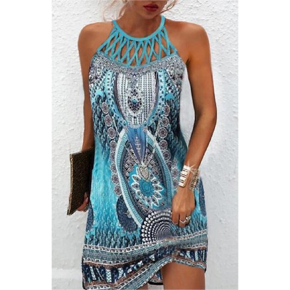 Damen Casual kleid Minikleid Blau Ärmellos Bedruckt Bedruckt Frühling Sommer Neckholder Casual 2023 S M L XL XXL 3XL Lightinthebox