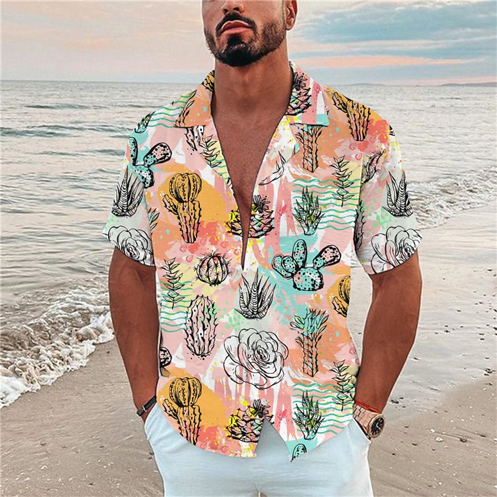 Herren Kaktus Tropische Pflanzen Hemd Hawaiihemd Sommerhemd Aloha-Shirt Kurzarm Hemd Umlegekragen Modisch Designer Brautkleider schlicht Outdoor Strasse Casual Weiß Gelb Orange 3D-Druck S M L Lightinthebox