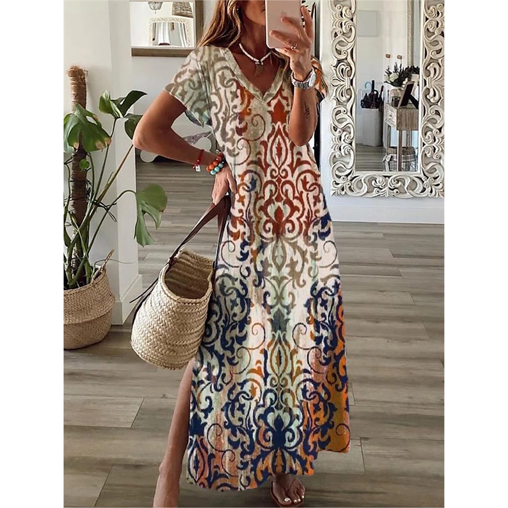 Damen Maxikleid Casual kleid Etuikleid Urlaub Brautkleider schlicht Outdoor Urlaub Täglich Regular Fit Blumen Kurzarm V Ausschnitt Khaki Sommer Frühling Lightinthebox