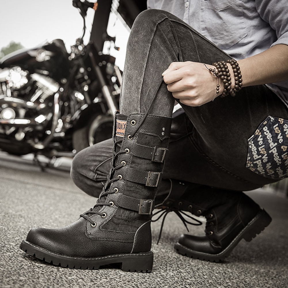 schwarze Motorradstiefel aus Leder für Herren mit Schnallenriemen und Schnürung für den Biker-Stil Lightinthebox