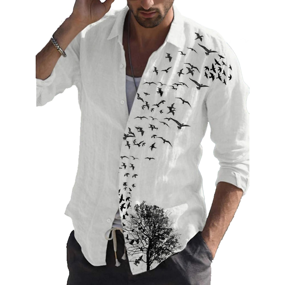 Herren Baum Vogel Hemd Knopfhemd Langarm Modisch Designer Brautkleider schlicht Outdoor Casual Täglich Frühling Herbst Umlegekragen Bedruckt Button-Down Weiß Lightinthebox