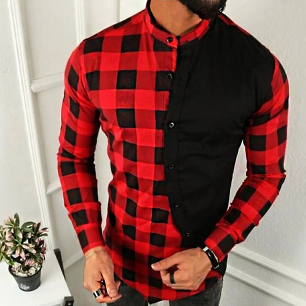 Herren Hemd Sommerhemd Knopfhemd Kariertes Hemd trachtenhemd Schwarz / Rot Langarm Plaid / Karomuster Ständer Strasse Täglich Button-Down Bekleidung Modisch Brautkleider schlicht Komfortabel Lightinthebox