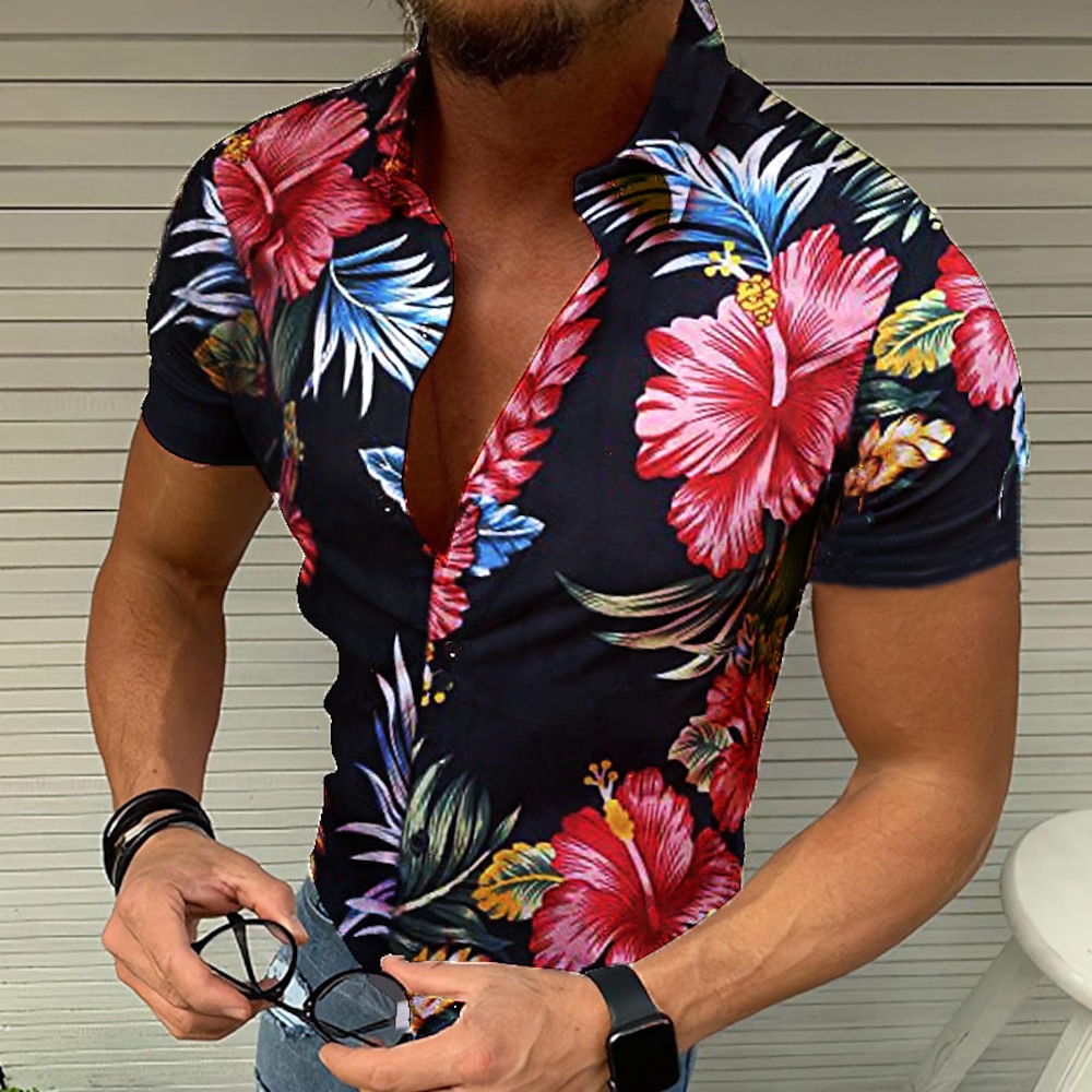 Herren Blumen Graphic Hemd Hawaiihemd Sommerhemd Grafik-Shirt Kurzarm Hemd Umlegekragen Designer Brautkleider schlicht Party Outdoor Casual Schwarz / Rot Blau Purpur S M L Lightinthebox