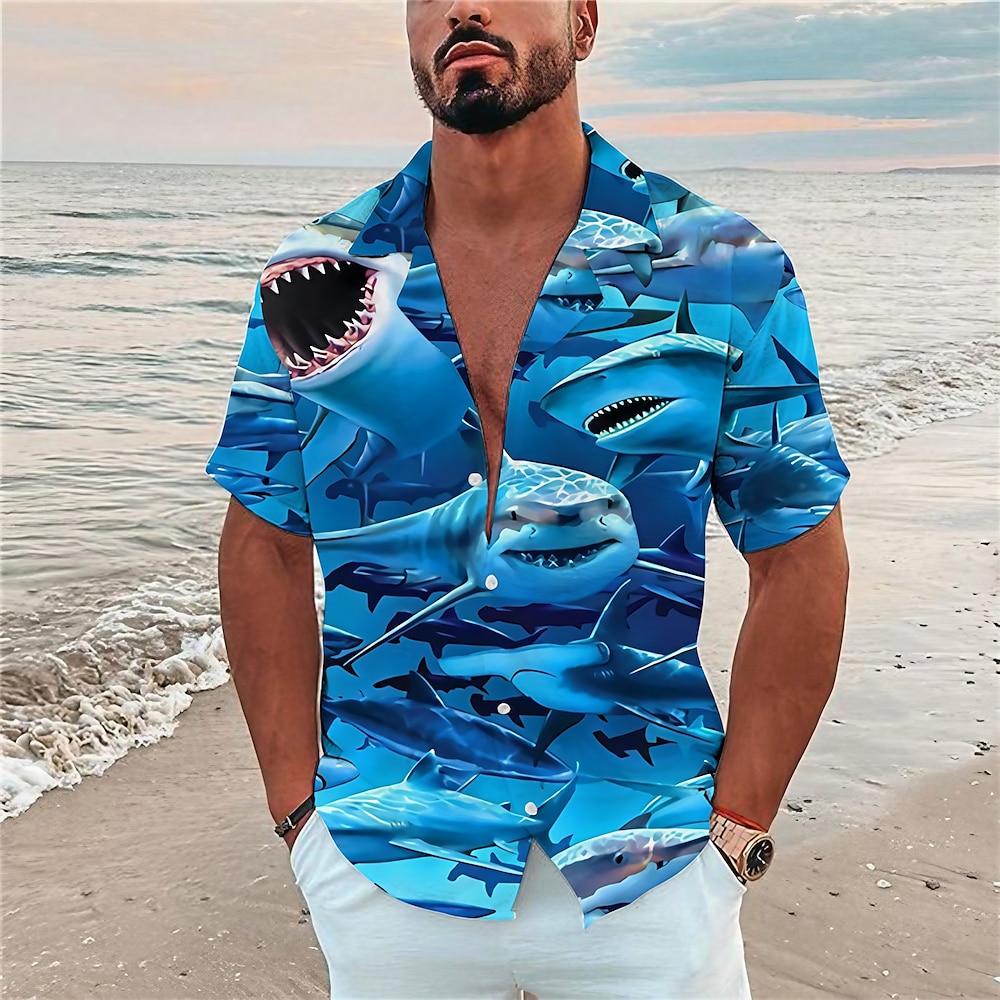 Herren Tier Hai Tropisch Hemd Hawaiihemd Sommerhemd Camp-Shirt Kurzarm Hemd Umlegekragen Modisch Designer Brautkleider schlicht Outdoor Strasse Casual Schwarz Blau Staubiges Blau 3D-Druck S M L Lightinthebox