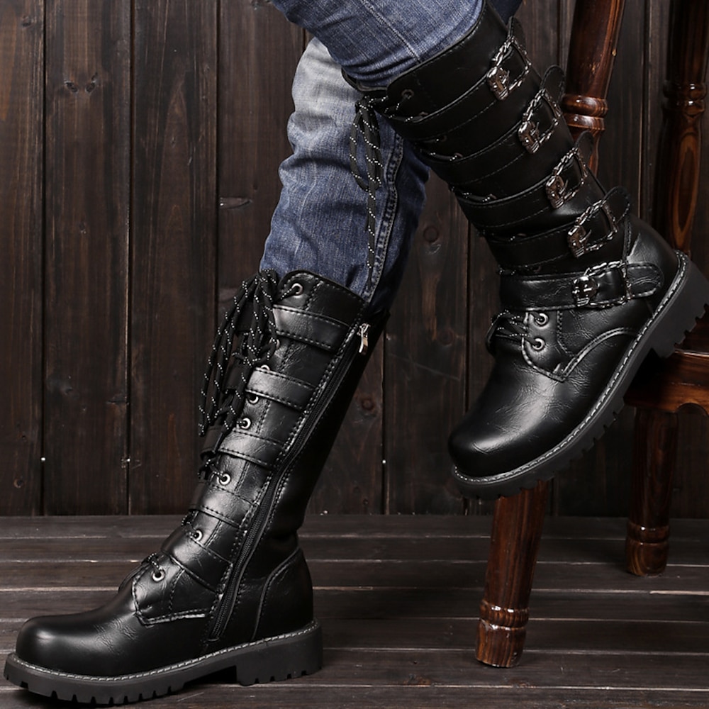 Schwarze Gothic-Motorradstiefel für Damen mit Totenkopf-Schnallenriemen und robuster Sohle, Punkrock-Kampfstiefel für den Biker-Stil Lightinthebox