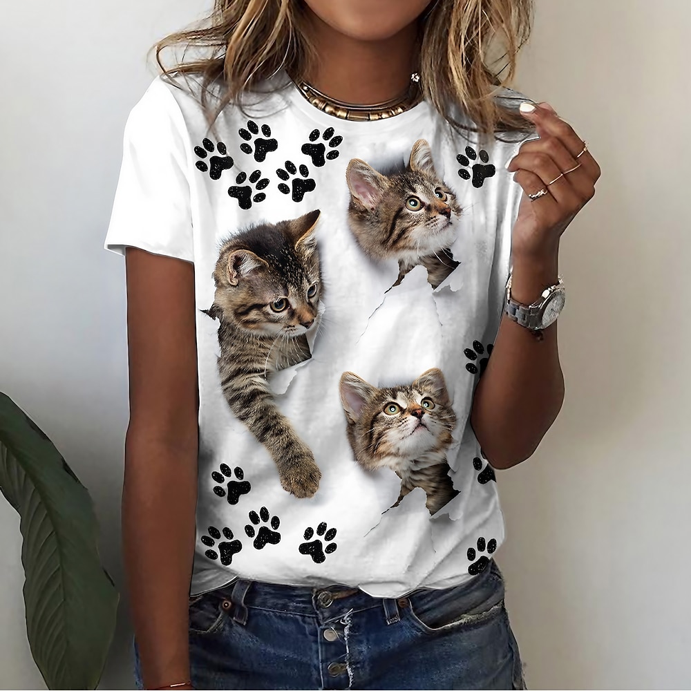 Damen T-Shirt Basic Katzen-Print Kurzarm Normale Oberteile Rundhals Casual Weekend Weiß Lightinthebox