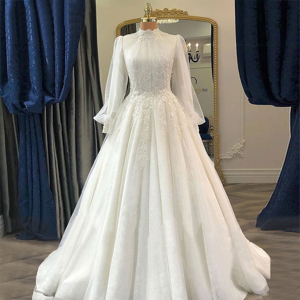 TS Verlobung Vintage 1940er/1950er formelle Hochzeitskleider Ballkleid hoher Halsausschnitt lange Ärmel Hofschleppe Spitzen-Brautkleider mit Faltenapplikationen 2024 Lightinthebox