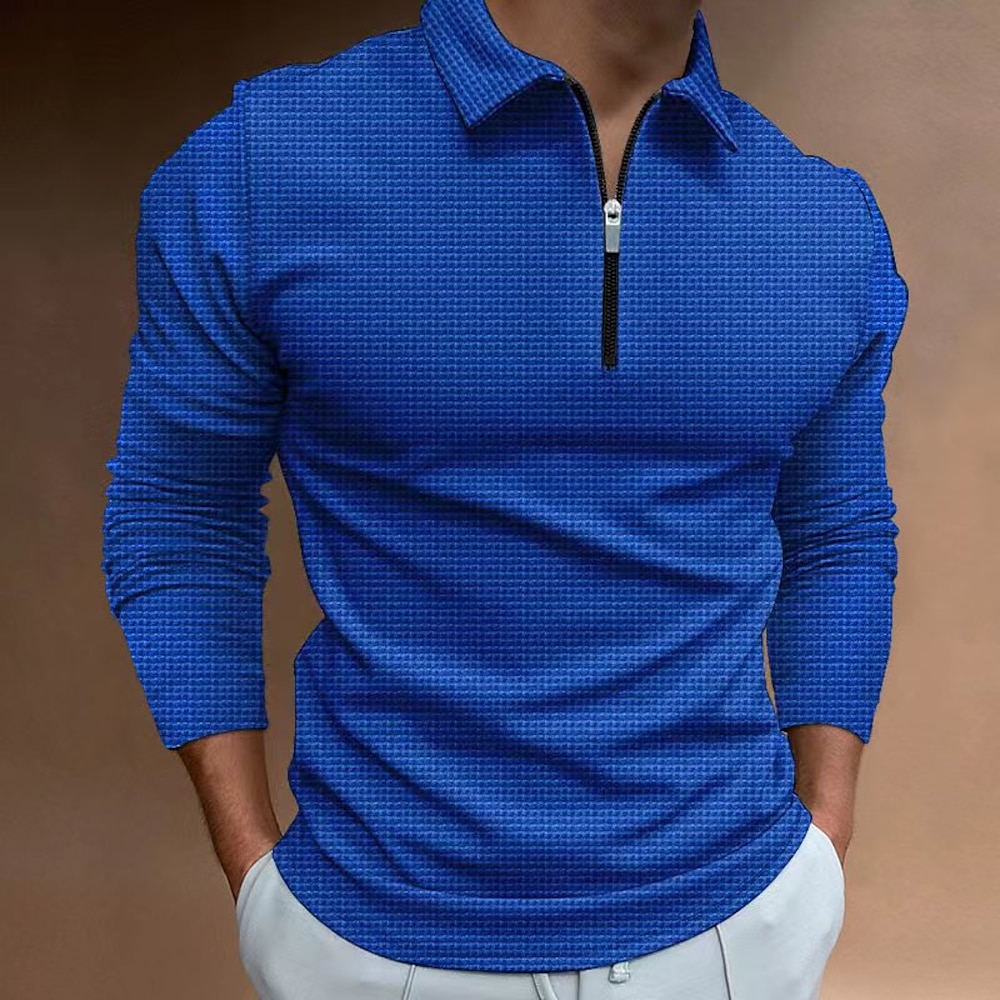 Herren Waffel-Poloshirt Poloshirt mit Viertelreißverschluss Ausgehen Fitnessstudio Umlegekragen Viertel Postleitzahl Langarm Sportbekleidung Brautkleider schlicht Feste Farbe Schottenstoff Patchwork Lightinthebox